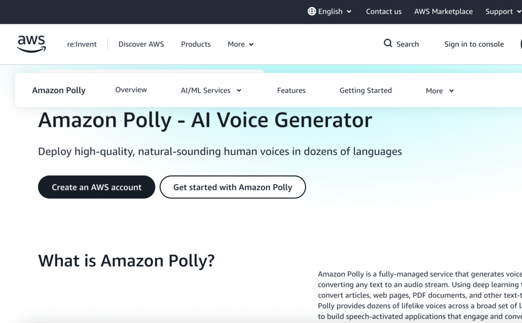 AMAZON POLLY voice generator homepage showcasing text to speech voices and AI narration platform interface