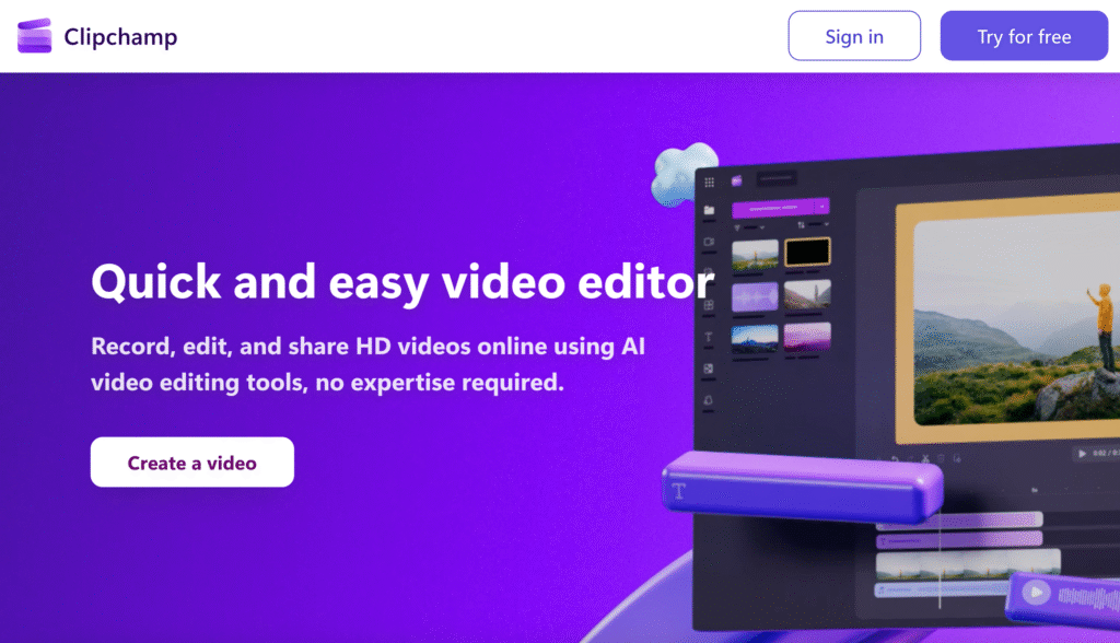 CLIPCHAMP voice generator homepage showcasing text to speech voices and AI narration platform interface