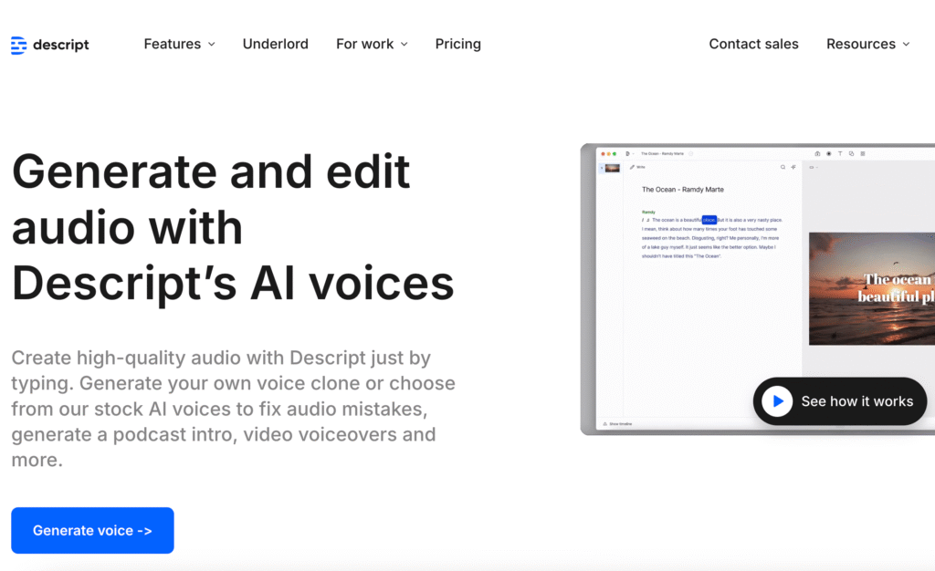 DESCRIPT voice generator homepage showcasing text to speech voices and AI narration platform interface