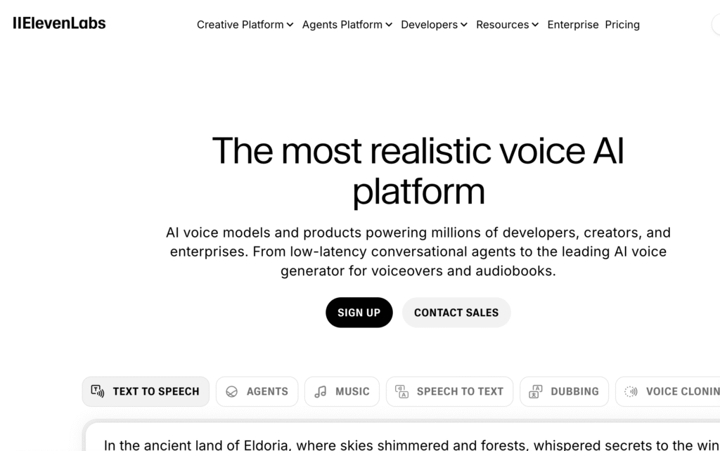 ElevenLabs AI voice generator homepage showing realistic text to speech and voice cloning platform interface