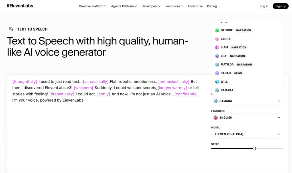 ElevenLabs text to speech interface showing human-like AI voice generator with voice selection and narration controls