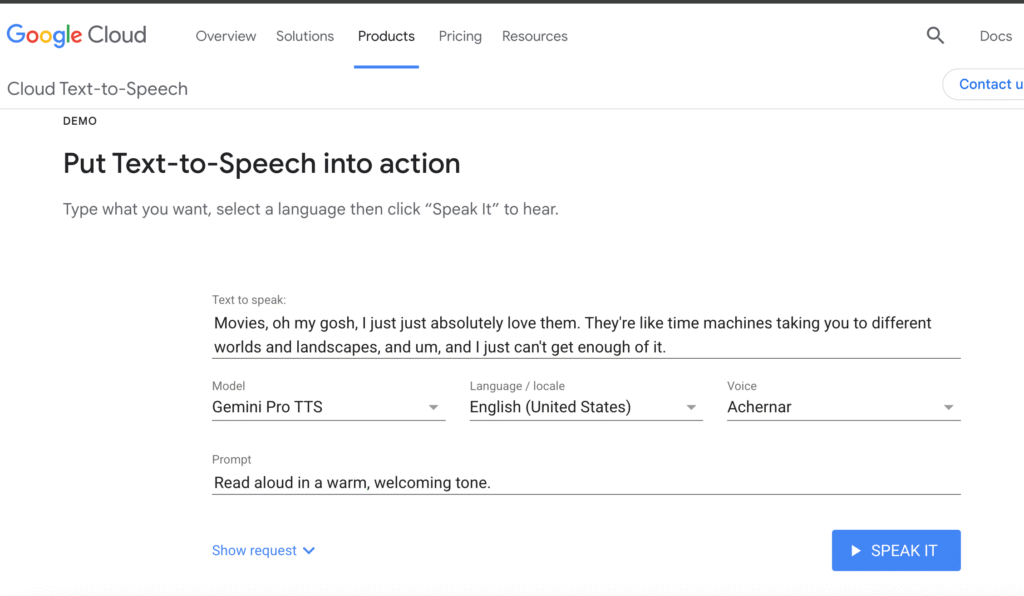 GOOGLE TTS AI voice generator homepage showing realistic text to speech and voice cloning platform interface