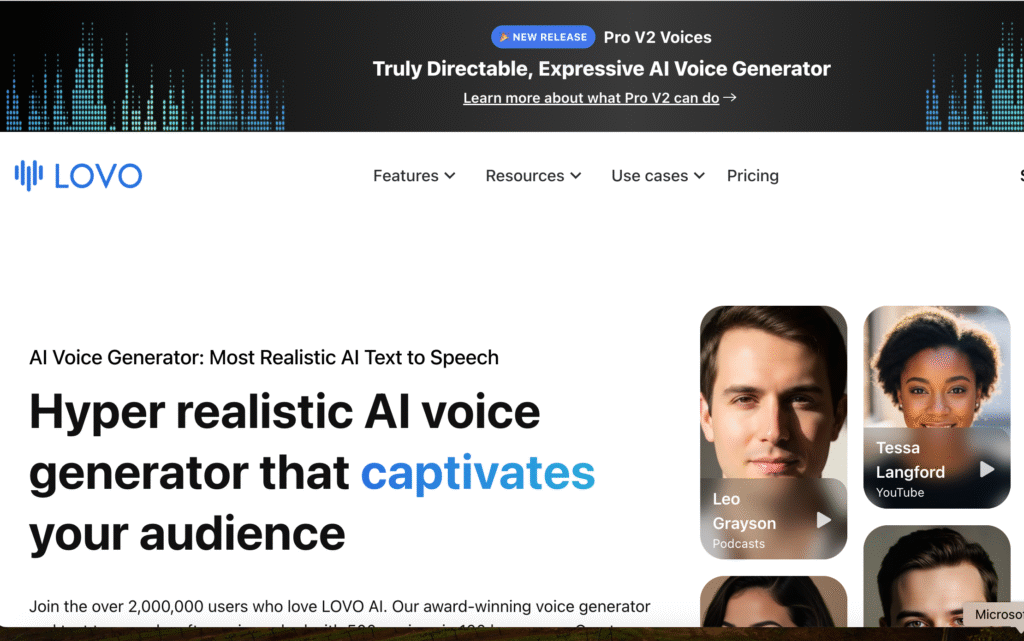 LOVO AI voice generator homepage showcasing text to speech voices and AI narration platform interface