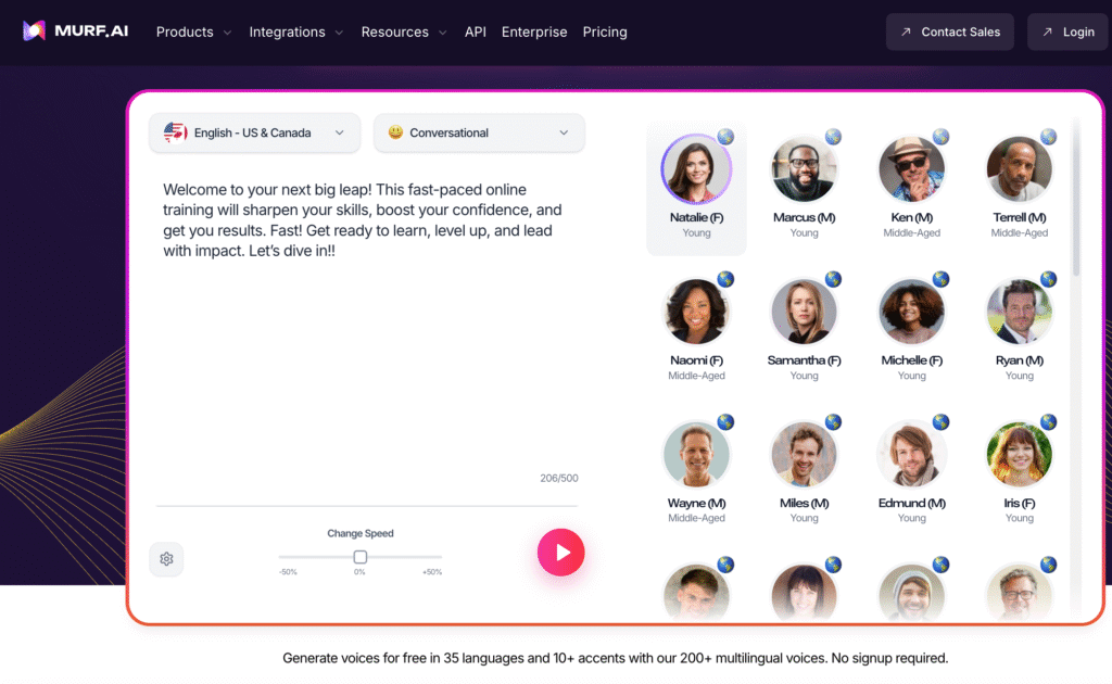 MURF AI voice generator interface showcasing Genny text to speech editor and professional AI voice options