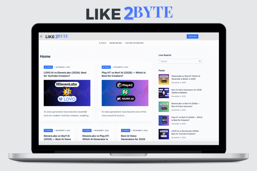 Macbook showing on screen the Home Page Like2Byte with latest articles
