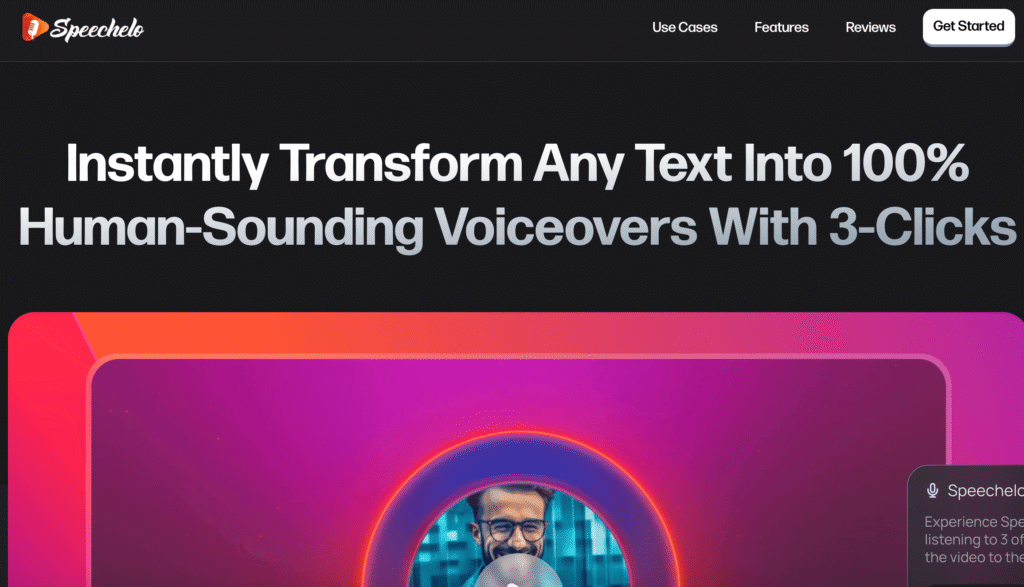 SPEECHELO AI voice generator homepage showing realistic text to speech and voice cloning platform interface