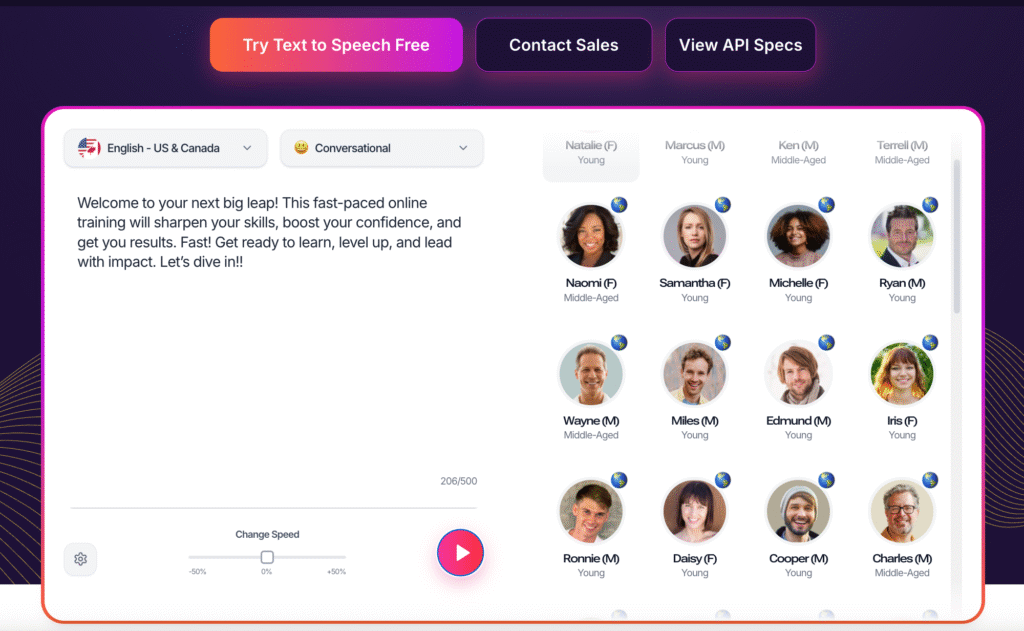Murf AI studio interface showing voice categories and timeline-based production workflow