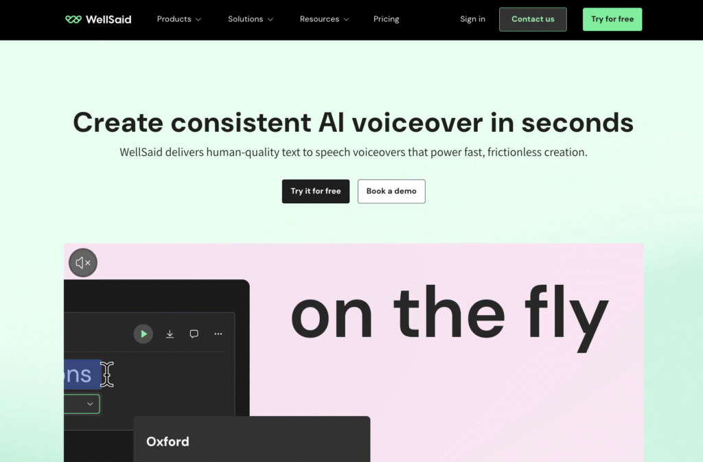 WELLSAID LABS voice generator homepage showcasing text to speech voices and AI narration platform interface