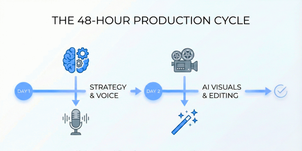 A professional 16:9 infographic illustrating the 48-hour Faceless channel workflow: Day 1 for Scripting and Voiceover, Day 2 for AI Visuals and Final Editing