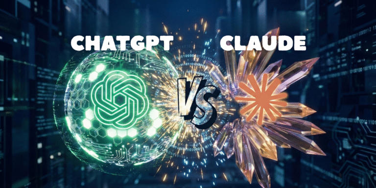 A cinematic 16:9 duel scene between two glowing AI entities. On the left, a vibrant green and white geometric sphere representing ChatGPT Plus. On the right, a warm amber and purple crystalline structure representing Claude 3.5 Sonnet. Digital particles and data streams collide in the center, 2026 tech aesthetic