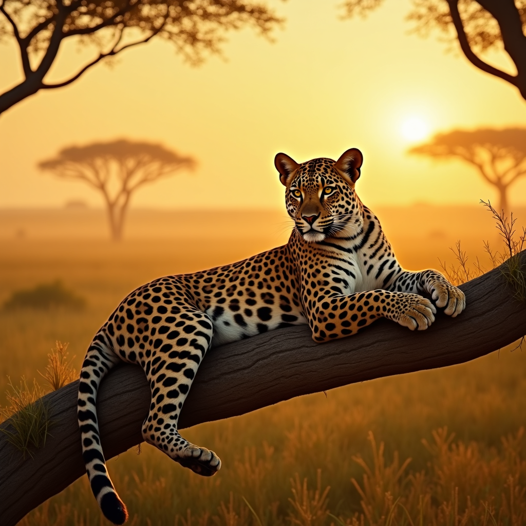 A cinematic AI-generated photograph of a leopard resting on a tree branch at golden hour in an African savanna, with dramatic lighting and silhouettes