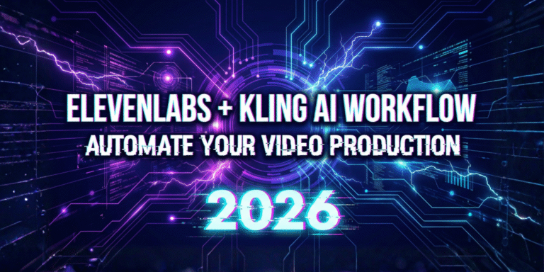 A futuristic cyber-tech header image with bold glitched typography reading 'ElevenLabs + Kling AI Workflow: Automate Your Video Production 2026' set against a dark blue background with glowing purple and cyan neon circuit lines.