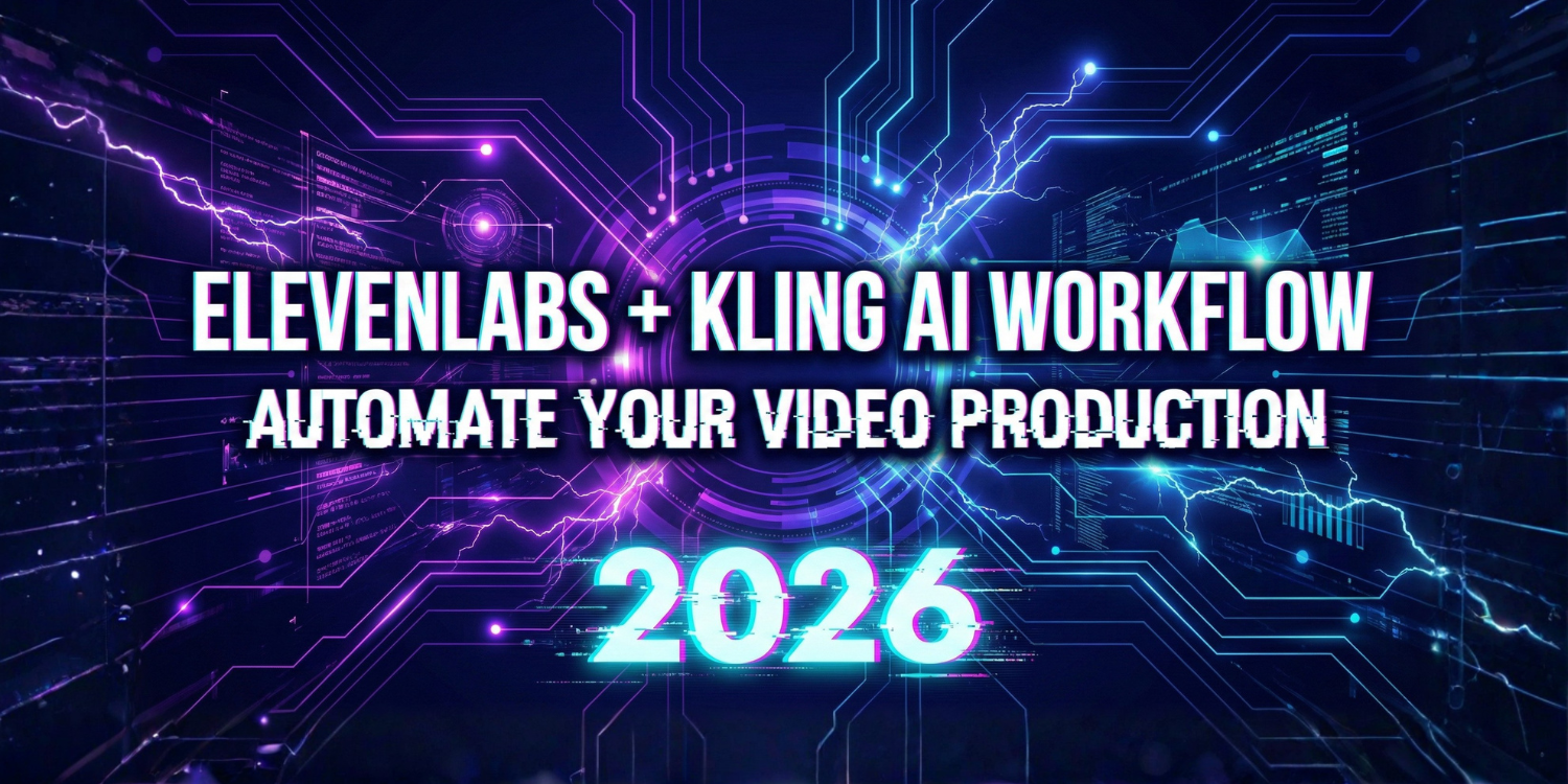 A futuristic cyber-tech header image with bold glitched typography reading 'ElevenLabs + Kling AI Workflow: Automate Your Video Production 2026' set against a dark blue background with glowing purple and cyan neon circuit lines.