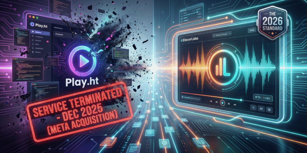 Split-screen illustration showing the transition from the discontinued Play.ht platform, acquired by Meta in late 2025, to ElevenLabs as the leading AI voice generator alternative in 2026.