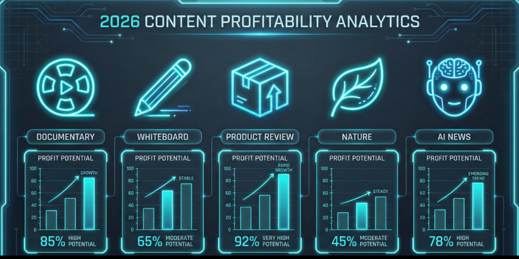 Comparison chart showing the 5 models of faceless channels: Documentary, Whiteboard, Product Review, Nature, and AI News, ranked by effort and CPM potential.