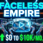 Futuristic YouTube thumbnail for a 2026 faceless channel guide, featuring a glowing silver play button being assembled by robotic hands and bold text reading 'FACELESS EMPIRE $0 TO $10K/MO' in a neon tech studio