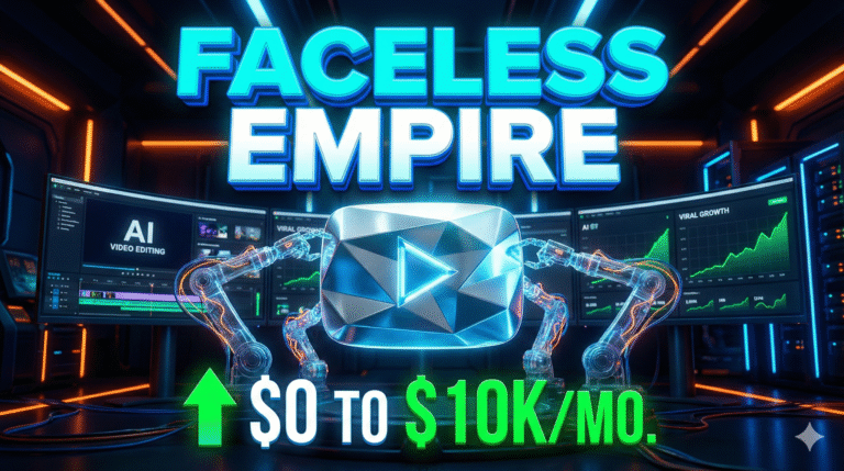 Futuristic YouTube thumbnail for a 2026 faceless channel guide, featuring a glowing silver play button being assembled by robotic hands and bold text reading 'FACELESS EMPIRE $0 TO $10K/MO' in a neon tech studio