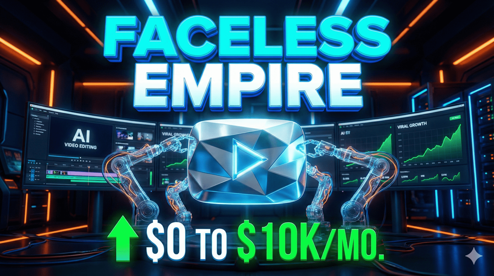 Futuristic YouTube thumbnail for a 2026 faceless channel guide, featuring a glowing silver play button being assembled by robotic hands and bold text reading 'FACELESS EMPIRE $0 TO $10K/MO' in a neon tech studio