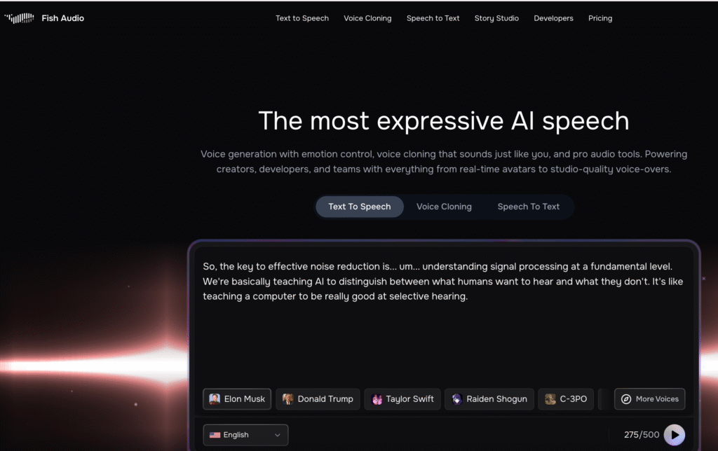 Fish Ai voice generator homepage showcasing text to speech voices and AI narration platform interface