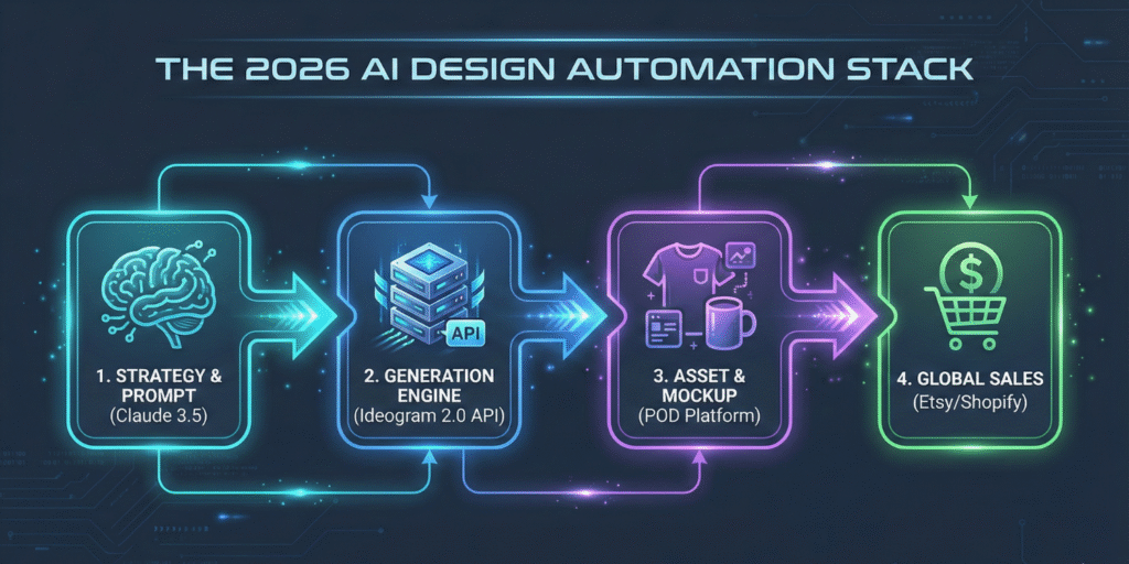 A futuristic flowchart diagram illustrating the "2026 AI Design Automation Stack" for online income. It visualizes a four-step workflow: starting with Claude 3.5 for strategy and prompts, connecting to the Ideogram 2.0 API for scalable asset generation, integrating with a Print-on-Demand (POD) platform, and resulting in passive sales on e-commerce marketplaces.