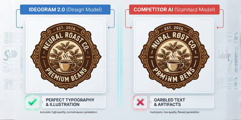 Infographic comparison showing an Ideogram 2.0 typography stress-test. The left side displays flawless, stylized text for a vintage coffee label ("EST. 2026 - NEURAL ROAST CO."), contrasted against a standard competitor AI model on the right showing garbled, illegible text. This visually proves Ideogram's superior semantic understanding for professional graphic design layouts.