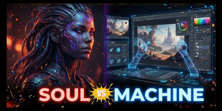 High-contrast split-screen comparison thumbnail between Midjourney v7 and Leonardo.ai. One side shows cinematic art labeled 'SOUL', the other shows a technical production suite labeled 'MACHINE', with giant central text reading 'MJ v7 vs LEONARDO'
