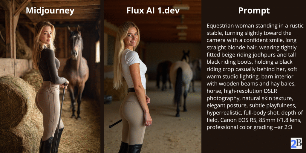 Comparison of Midjourney vs Flux AI 1.dev realism: Equestrian woman in a rustic stable prompt test.