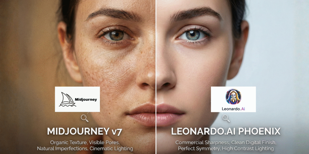 Side-by-side macro comparison of skin textures generated by Midjourney v7 and Leonardo.ai, demonstrating organic realism versus commercial digital sharpness.