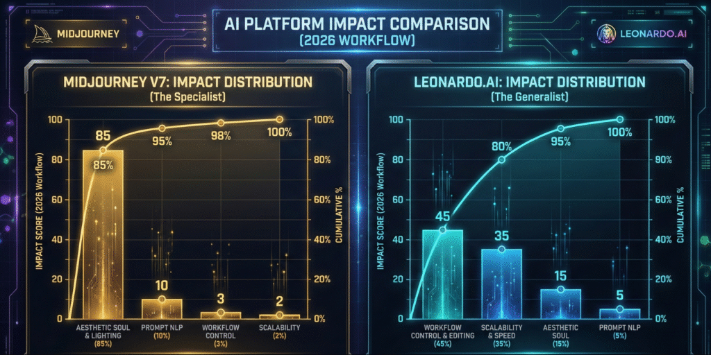 A dual Pareto chart infographic comparing Midjourney v7 and Leonardo.ai across four criteria. Midjourney shows highest impact in 'Aesthetic Soul', while Leonardo shows cumulative high impact in 'Workflow Control' and 'Scalability'.