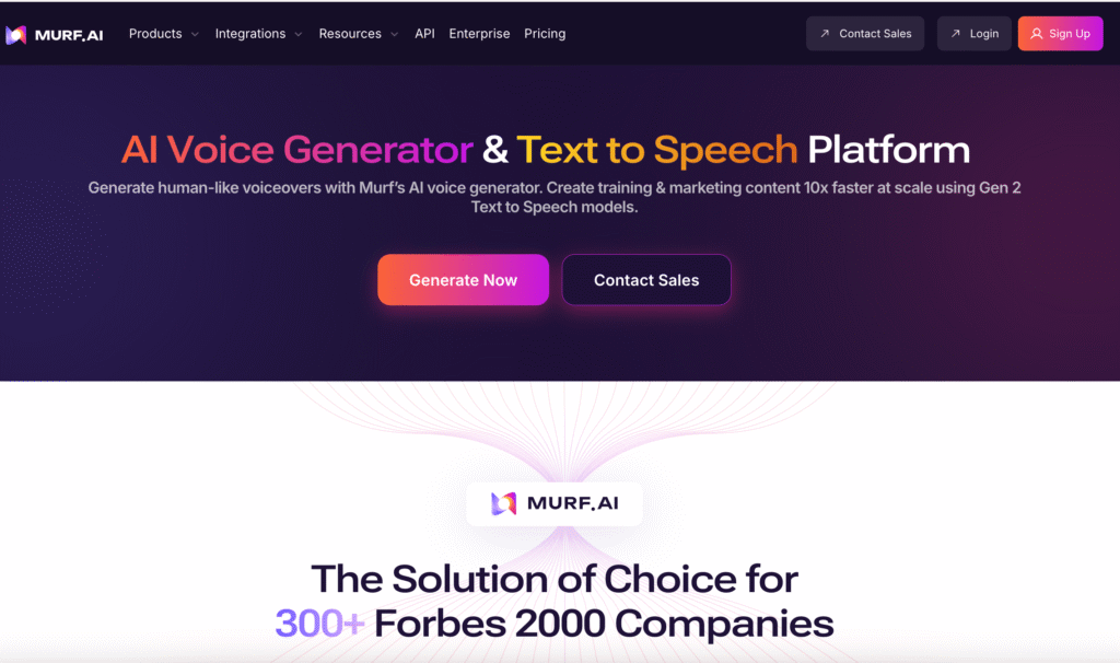 MURF AI voice generator homepage showing realistic text to speech and voice cloning platform interface
