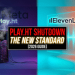 YouTube thumbnail with a central text box reading 'PLAY.HT SHUTDOWN' and 'THE NEW STANDARD (2026)'. The background shows a dark, broken Play.ht interface on the left and a bright, active ElevenLabs interface on the right.