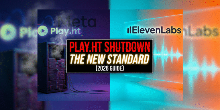 YouTube thumbnail with a central text box reading 'PLAY.HT SHUTDOWN' and 'THE NEW STANDARD (2026)'. The background shows a dark, broken Play.ht interface on the left and a bright, active ElevenLabs interface on the right.