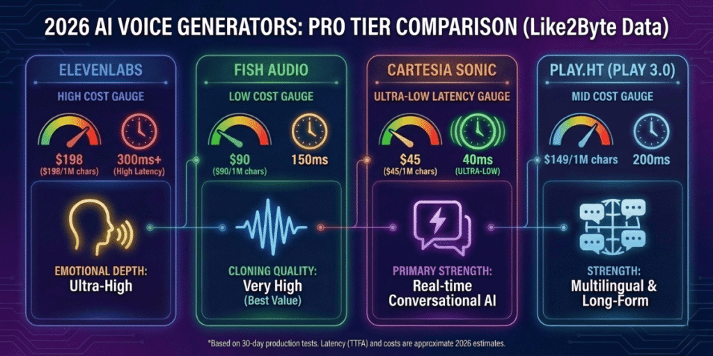 Comparative infographic of AI voice generators in 2026: ElevenLabs, Fish Audio, Cartesia Sonic, and Play.ht. Analysis of cost per 1 million characters and latency (TTFA) for creators and developers.