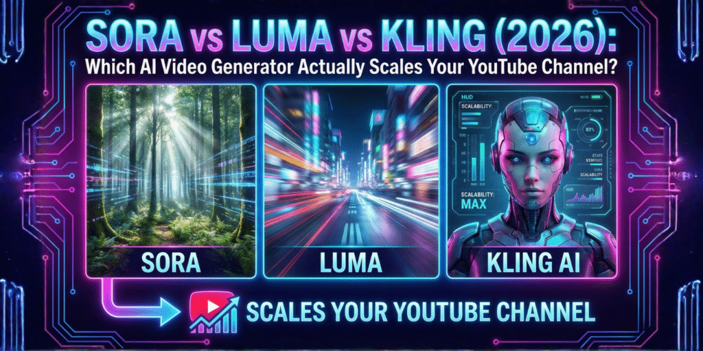 Side-by-side comparison of AI video generators Sora, Luma, and Kling for YouTube content creators in 2026, showcasing realistic rendering, motion, and character consistency.