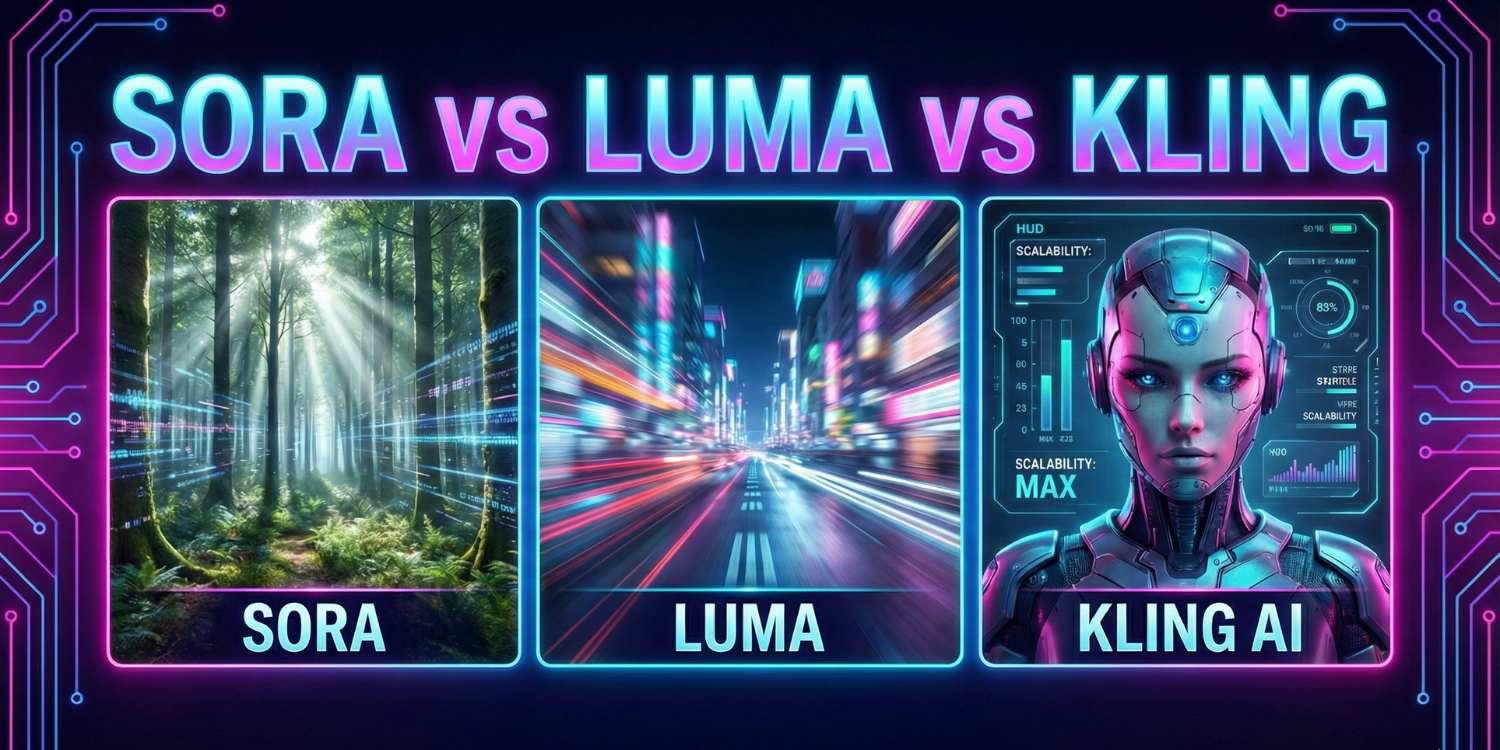 Comparison of AI video generators Sora, Luma, and Kling for YouTube content creators in 2026, showcasing realistic