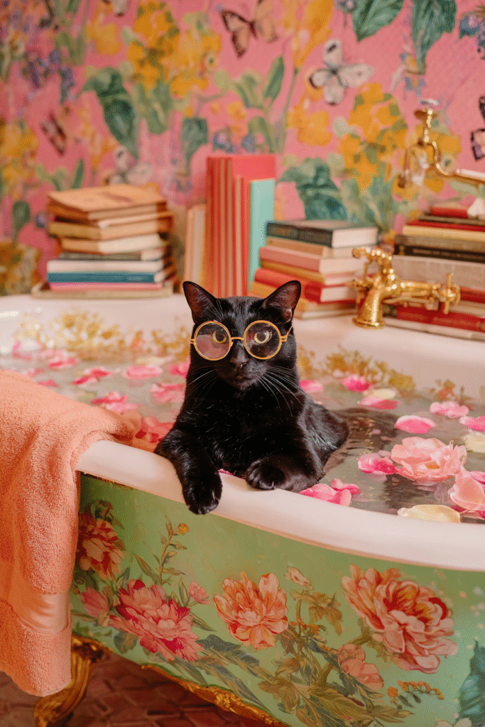 A whimsical and creative AI-generated image of a black cat wearing round glasses, sitting in a floral patterned bathtub filled with rose petals and surrounded by books