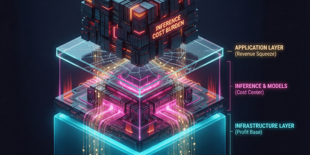 Isometric 3D illustration showing the 2026 AI economic stack, where heavy inference costs crush the fragile application layer while profit flows down to the solid infrastructure foundation