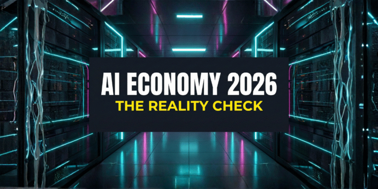YouTube style header for AI Economy 2026 article with bold centered text and high-contrast neon server background