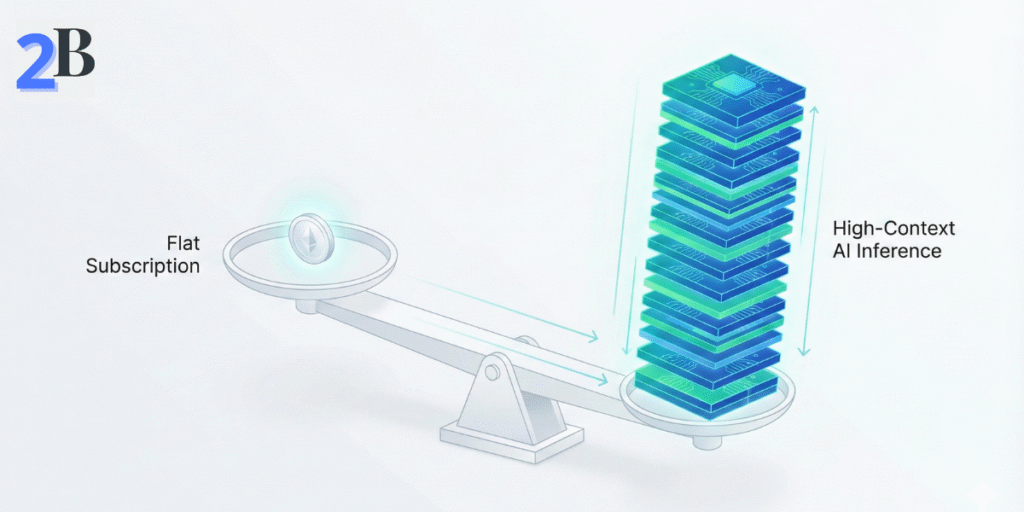 Infographic showing the economic imbalance between flat AI subscriptions and high-context inference costs