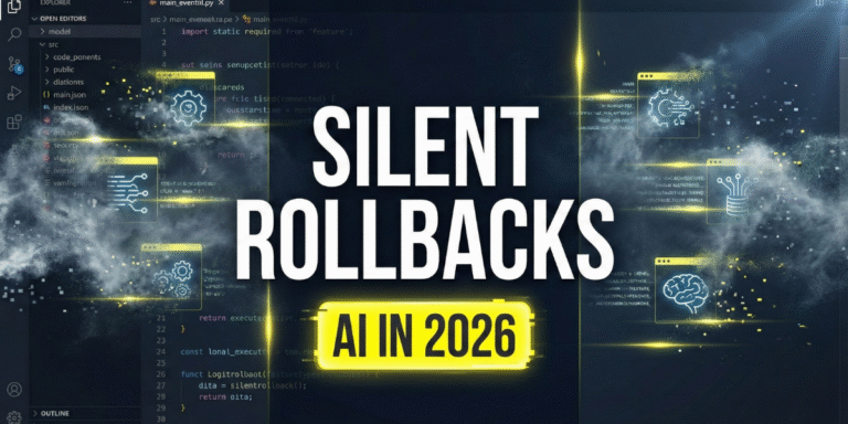 Futuristic software interface showing AI features being erased, representing the silent rollback era of 2026