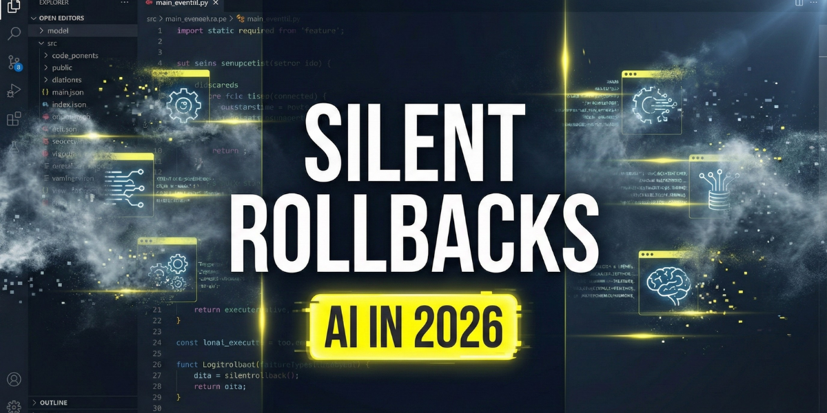 Futuristic software interface showing AI features being erased, representing the silent rollback era of 2026