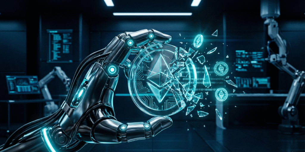 Conceptual tech illustration of a shattering glass coin with digital tokens leaking, representing the hidden costs and risks of unmanaged AI workflows.