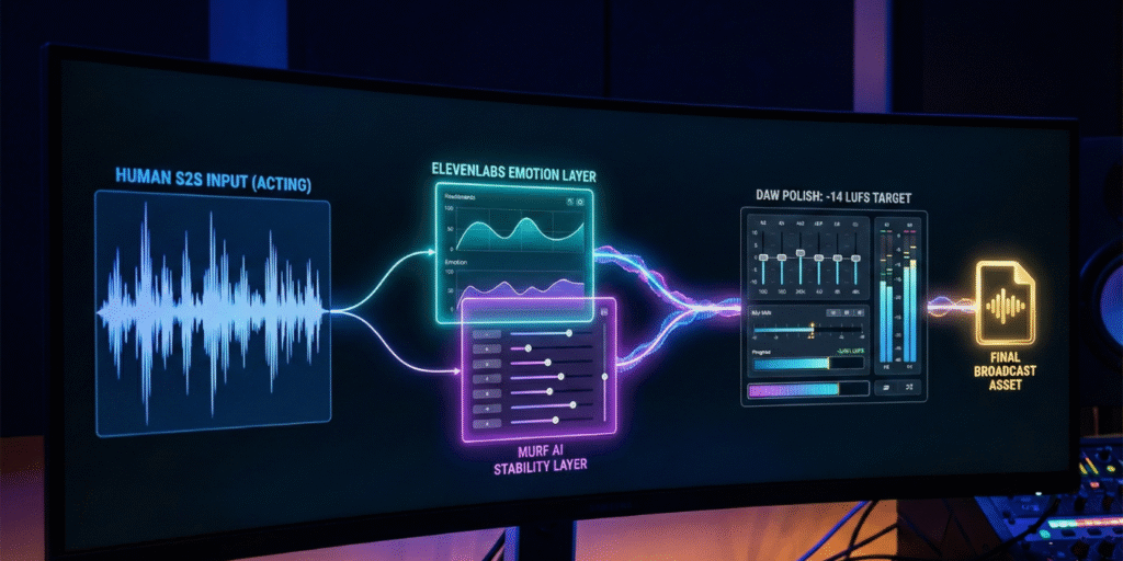 Futuristic audio production dashboard visualizing the AI voice workflow: Human S2S input showing emotional peaks, merging into ElevenLabs and Murf AI dual layers, and finalizing with DAW mastering controls set to -14 LUFS.