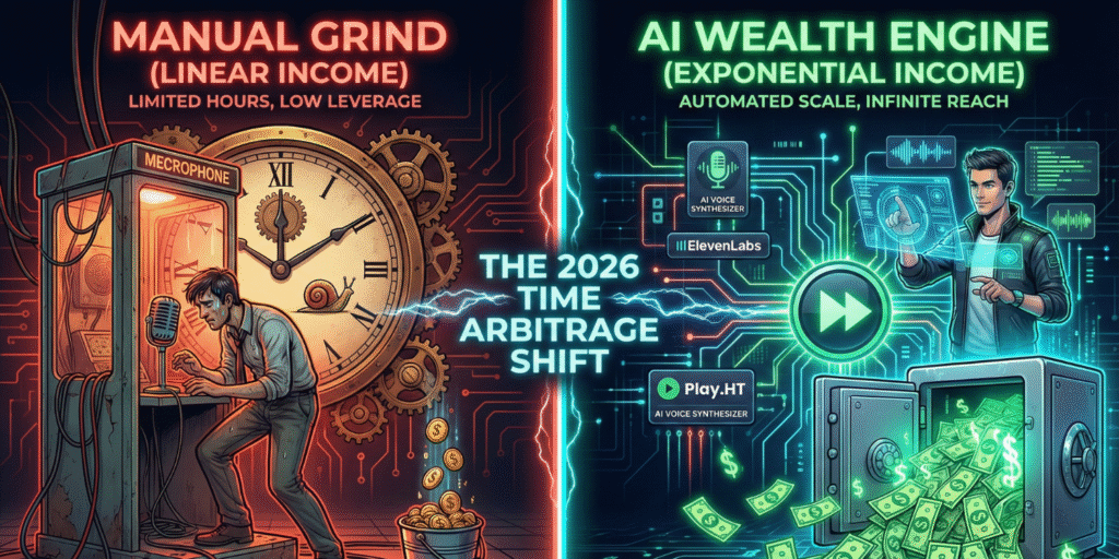 Futuristic split-screen infographic comparing 'MANUAL GRIND' linear income in red tones versus 'AI WEALTH ENGINE' exponential income in neon cyan. Features a confident figure managing a holographic interface with glowing US dollar signs, illustrating the 2026 time arbitrage shift for freelance agencies