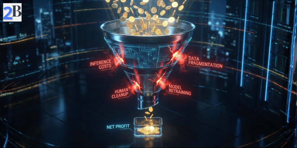 3D visualization of an AI monetization funnel leaking revenue due to high operational costs, retries, and manual human cleanup taxes