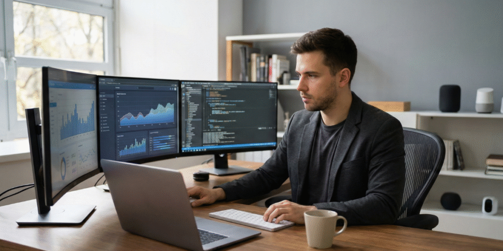 A digital entrepreneur setting up autonomous AI agent systems in a modern office.