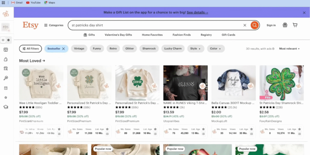 Etsy search results showing St Patrick’s Day shirt listings used for niche demand validation in 2026