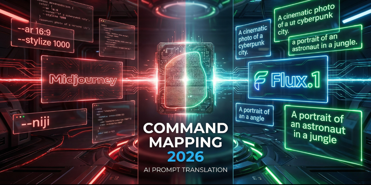 Technical comparison layout between Flux.1 and Midjourney v6.1 showing a Rosetta Stone connecting shorthand parameters like --ar and --stylize with natural language prompting.