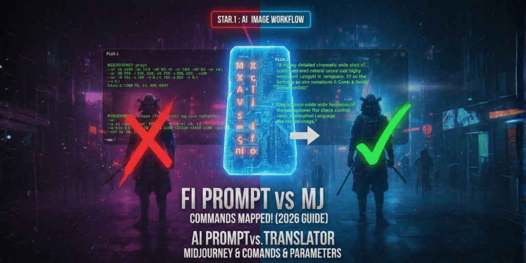 Visual comparison between Flux.1 and Midjourney showing AI prompt workflows, with shorthand commands crossed out on the left and natural language prompting approved on the right.