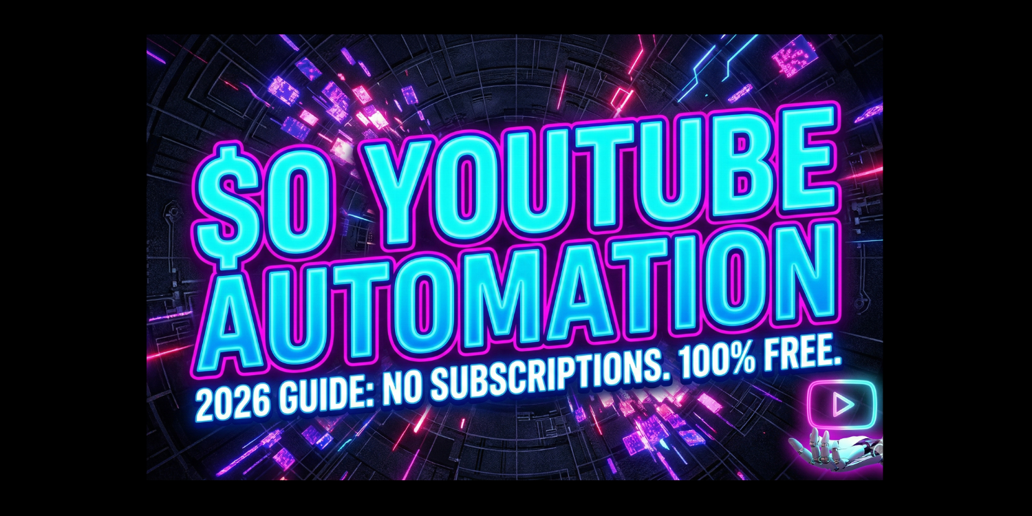 High-impact futuristic YouTube thumbnail for 2026 automation guide, featuring bold neon cyan text reading '$0 YOUTUBE AUTOMATION' and 'NO SUBSCRIPTIONS' on a dark cyber-tech background with magenta lighting
